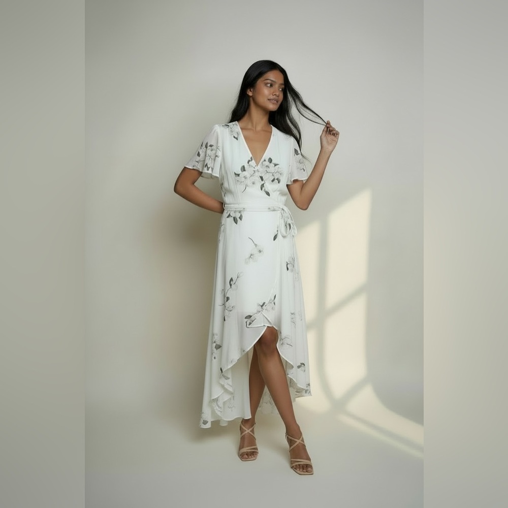 Dynamite Ivory Floral Wrap High-Low Dress
